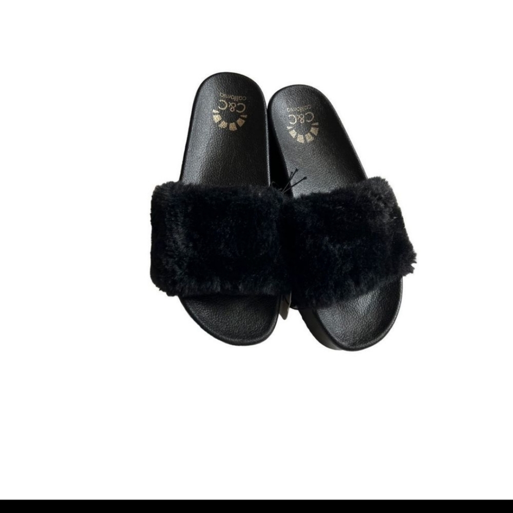Black Faux Fur Platform Slides